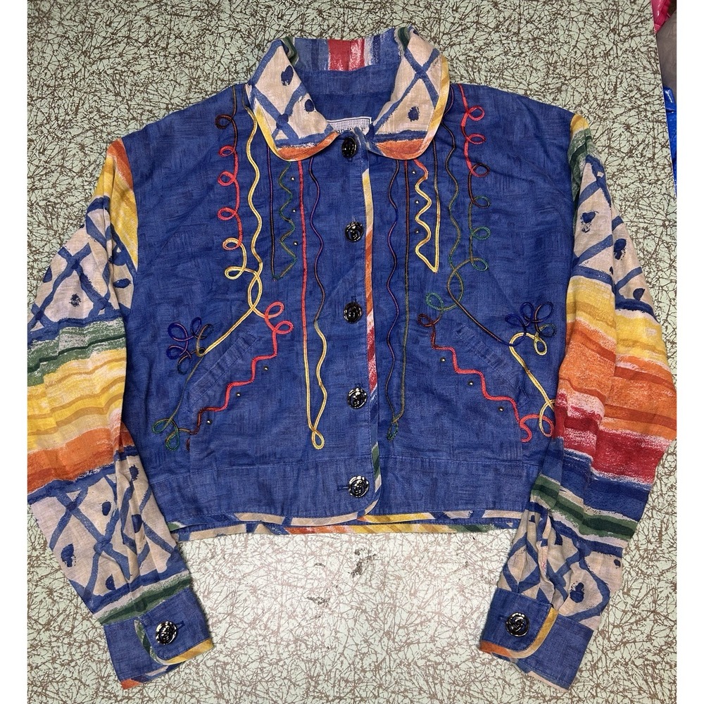 VTG 90s Howard Wolf Cropped Jacket 10 Lightweight Boho Patchwork Art Whimsy